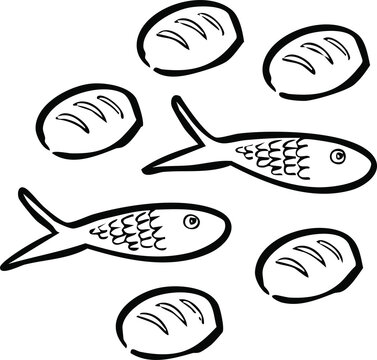 5 loves and 2 fish. Five loaves or bread and two fish illustration. Vector symbol, Ichtus pattern for christian graphic. Sharing, miracle. Symbolizes sharing, miracle of Jesus.