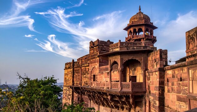Ancient red stone structure with tower and arches under blue sky