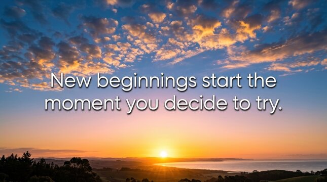 Inspiring Sunrise with Motivational Quote - New Beginnings Start the Moment You Decide to Try.