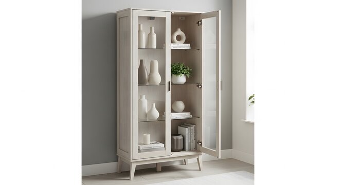 Tall wood cabinet with glass doors and shelves displaying vases.