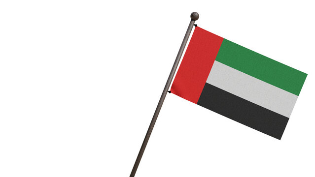 3D render of the United Arab Emirates (UAE) national flag waving on a pole, isolated against a transparent background