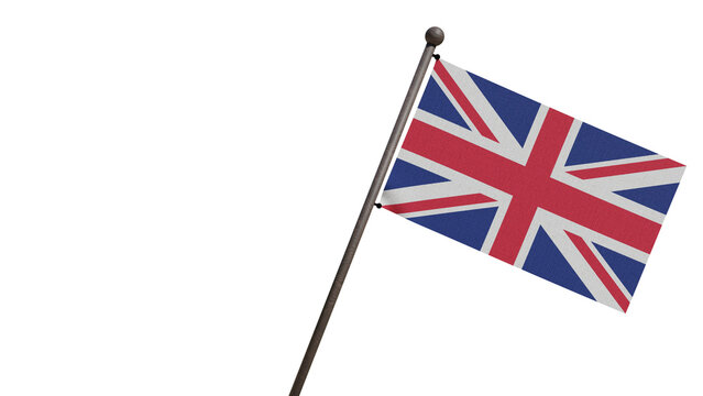 3D render of the United Kingdom national flag waving on a pole, isolated against a transparent background