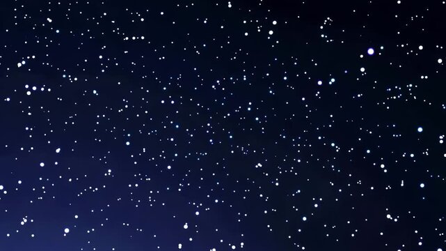 Abstract motion graphic animation of falling white particles against dark blue background simulating night sky or snow.