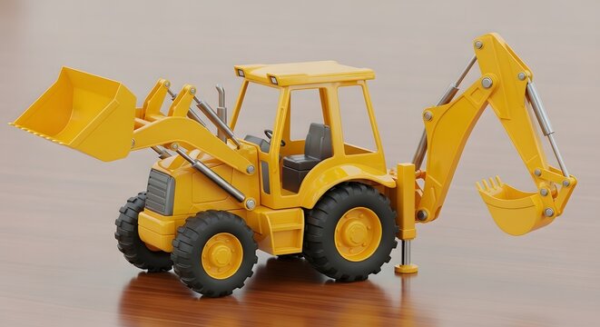 Yellow toy backhoe loader digger on wooden floor background.