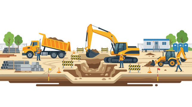 Construction workers operate heavy machinery on a building site with excavators and trucks