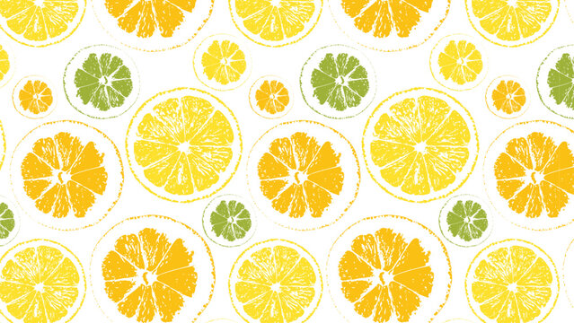 Seamless pattern of citrus fruit cross-sections with lemon and lime slices. 