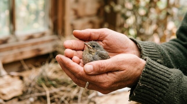 a hand holding a small bird