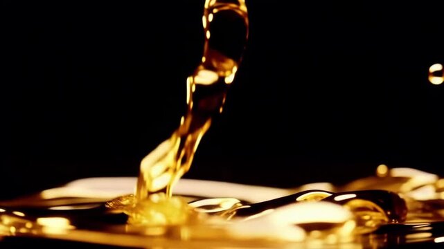 Slow motion pour of golden viscous liquid creating dynamic splashes against black background in cinematic lighting.