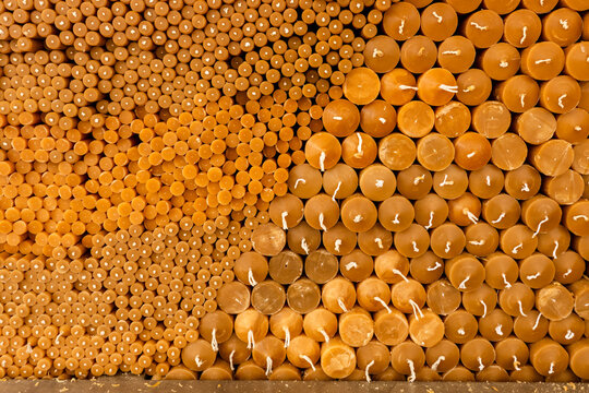 Stacked Beeswax Candles Background Texture in F&aacute;tima, Portugal