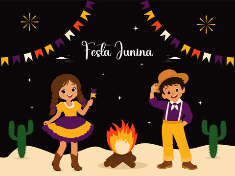 Brazilian folk festival Festa Junina vector illustration, Cute little kids, buntings, flags and beautiful decorative background.