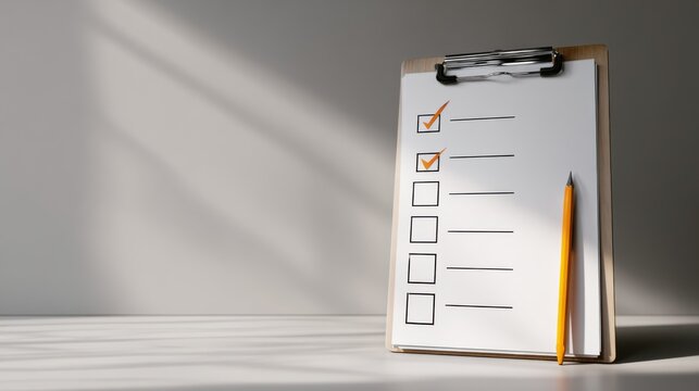 A clipboard with a checklist on it, along with a pencil