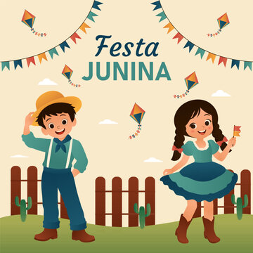 Brazilian folk festival Festa Junina vector illustration, Cute little kids, buntings, flags and beautiful decorative background.