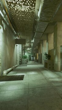 A long corridor stretches ahead with gray walls and light fixtures. There are plants and ventilation systems visible along the sides. The atmosphere looks industrial and sparse.