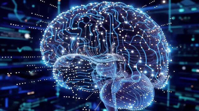Digital human brain model with glowing neural networks and data processing motion graphics on dark blue background.