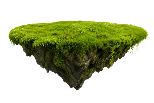 Floating Grass Island with Mossy Rocks Fantasy Nature Landscape Isolated on transparent Background