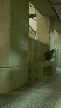 People walk through a corridor that features mailboxes on both sides. A small plant adds a touch of green beside concrete walls. Natural light filters in from open spaces above.