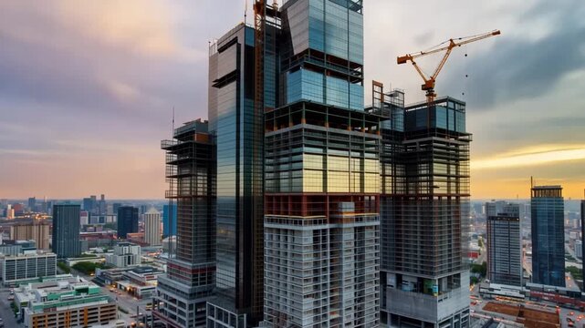 Time lapse footage of skyscraper construction in modern city downtown district at sunset with cranes moving quickly.