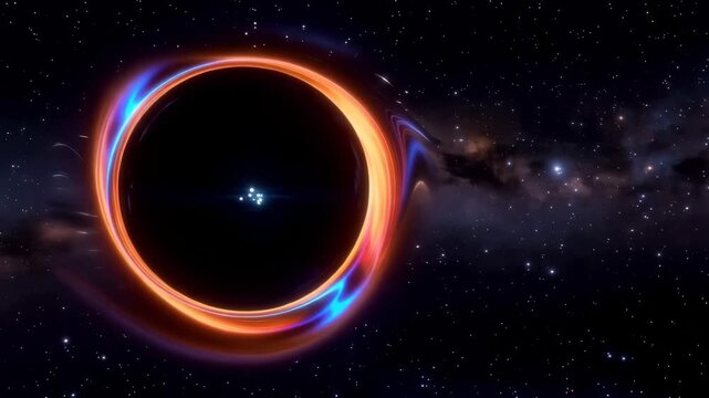 Massive black hole warping space time distorting light with glowing accretion disk and debris stream.