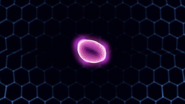 Abstract science animation of blue and orange atoms colliding to create fusion energy explosion on hexagonal grid background.