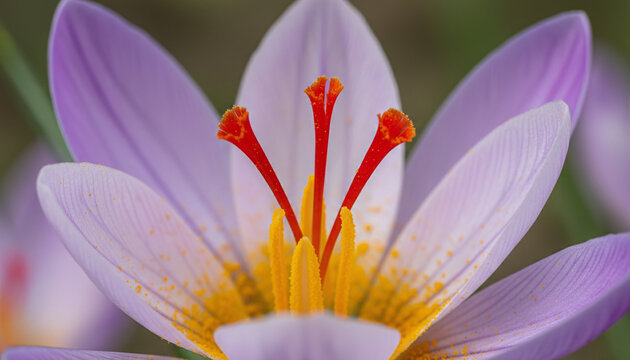 Saffron Crocus flower macro with vivid red stigmas inside purple petals