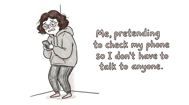 Anxious introvert girl pretending to check phone in corner to avoid talking to people cartoon illustration.
