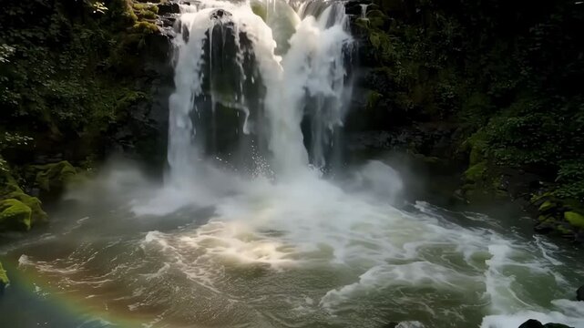 Stunning cinematic footage capturing the powerful flow of a beautiful waterfall cascading into a serene pool below, surrounded by lush green foliage and a hint of a rainbow.