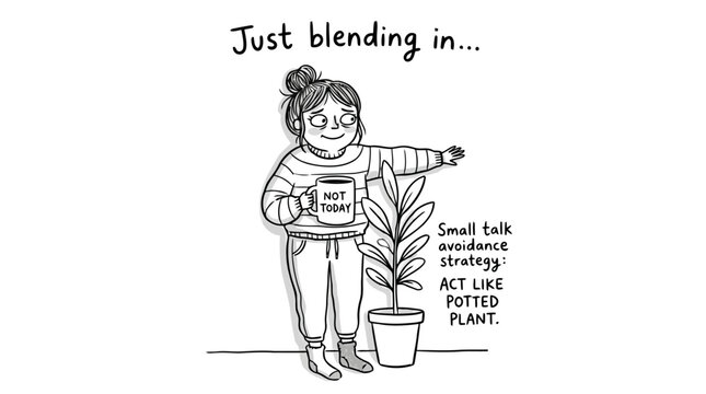 Introverted woman illustration pretending to be a potted plant to avoid small talk.