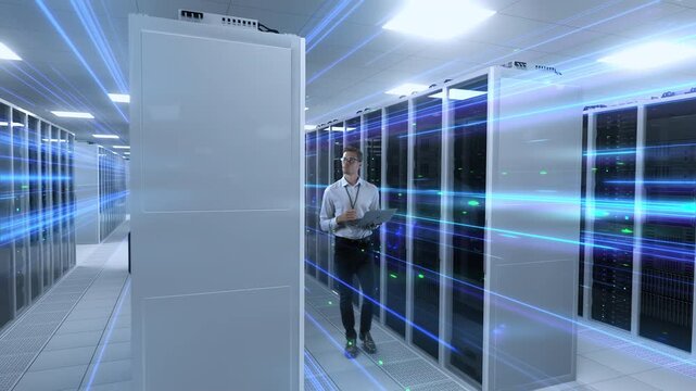 Data Center Specialist Uses a Laptop Between Server Racks, Activating Blue Information Flows for AI Optimization, Cloud Monitoring, Digitized Workflow and Performance Analytics