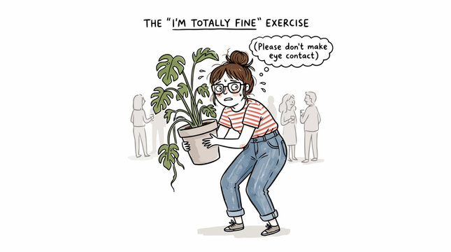 Stressed person holding a plant to avoid social interaction at a party.