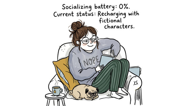Woman recharging social battery while reading book with pug dog and hot tea on sofa.