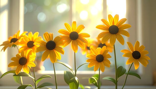 Yellow sunflowers with dark centers, backlit by warm sunlight streaming through a window, creating a cheerful and optimistic mood, perfect for summer themes and nature designs