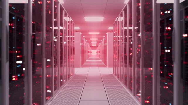 Forward Dolly Through a Red-alert Data Center Corridor as Servers Pulse With Danger, Revealing an Active Cybersecurity Breach, Hacking Intrusion, Malware Spread and Ransomware Virus Threat 