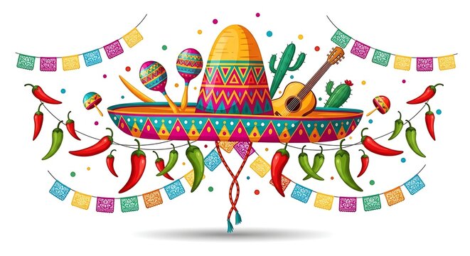 Colorful handdrawn fiesta pi?ata surrounded by dancing chilis peppers and decorative flags