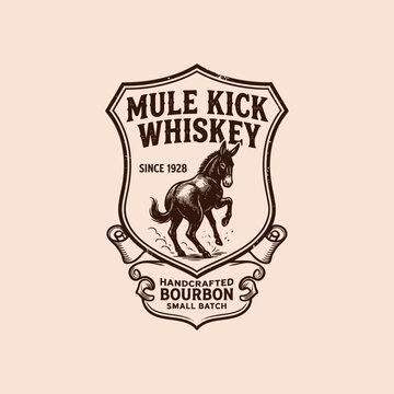 Mule Kick Whiskey Shield Badge Vector Logo with Vintage Bourbon Branding