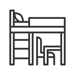 Fototapeta premium Loft bed pixel perfect linear icon. Bunk bed for small bedroom. Modern contemporary furniture. Homeware store. Kid room. Thin line illustration. Contour symbol. Vector outline drawing. Editable stroke