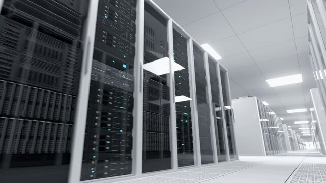 Server Racks With Teal Status Lights, Powering AI Model Training, Quantum Simulation, Bioinformatics Pipelines, Secure Cloud Analytics, and Research Compute. Low Angle Moving Shot