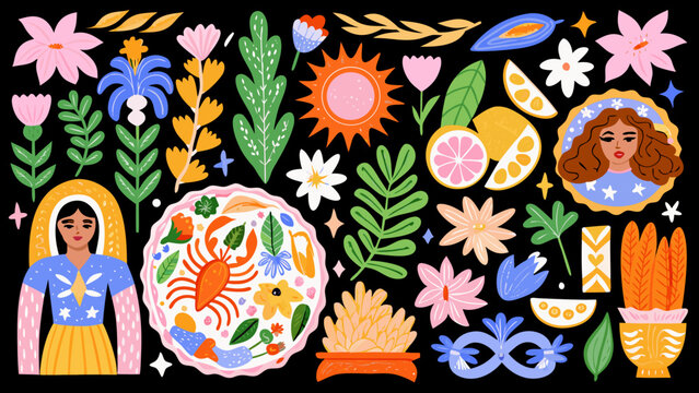 Floral and celestial illustration with zodiac signs sun and botanical elements in a decorative style high quality professional