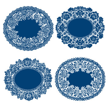 Vintage Indigo Blue Floral Lace Oval Frames Set for Wedding Invitations