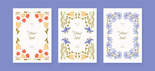 Set of Floral abstract frames with doodle flowers, leaves, speckled texture. Greeting card, invitation, postcard, poster templates, abstract flower design. Flat Vector Illustration © roze ultra