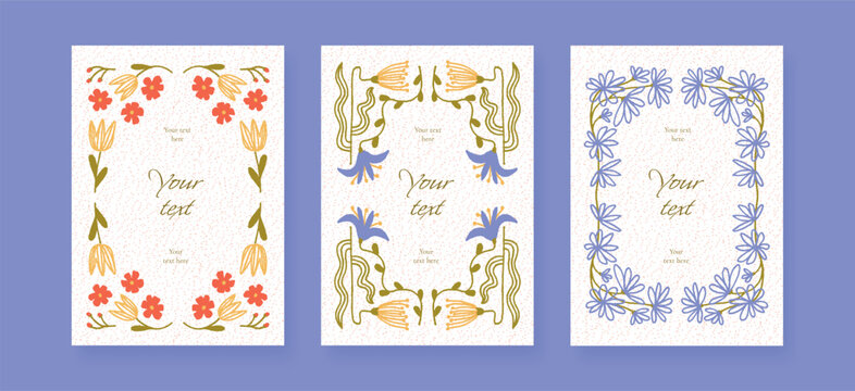 Set of Floral abstract frames with doodle flowers, leaves, speckled texture. Greeting card, invitation, postcard, poster templates, abstract flower design. Flat Vector Illustration