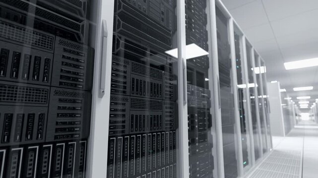 Server Racks With Active Leds, Storage Arrays and Network Gear in a Secure Data Center Powering AI Training, Cloud Analytics, Science Research and Backup Workflows. Lateral Dolly Pan. 
