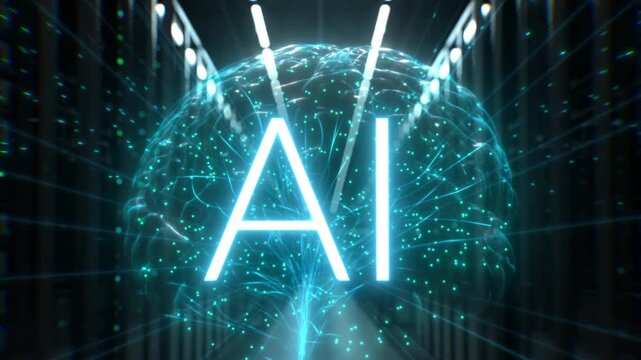 Data Center Server Racks Reveals a Glowing AI Brain, Neural Data Layers and Networking Streams Powering Machine Learning for Analytics, Automation, Security and Smart Cloud Computing.