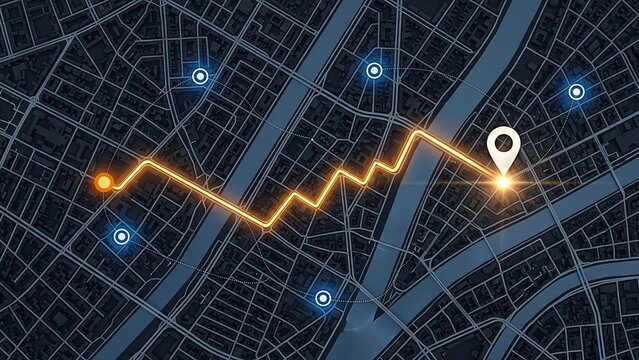 Navigating a complex urban map with a glowing orange line marking a route with glowing blue dots indicating points of interest on a dark cityscape background