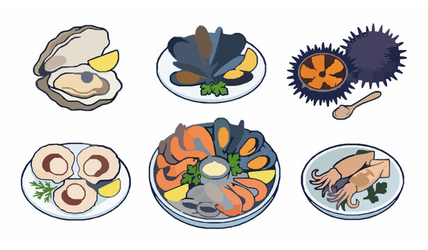Mediterranean seafood cartoon illustrations with oysters mussels and sea urchins vector collection