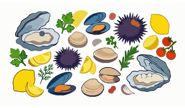 Cartoon raw seafood vector set with sea urchins oysters and mussels for Mediterranean diet themes