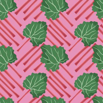 Rhubarb vector seamless pattern illustration. Large green rhubarb leaves and diagonal red stalks on pink background. Bright, modern, botanical vegetable repeat tile design for textile, kitchen decor