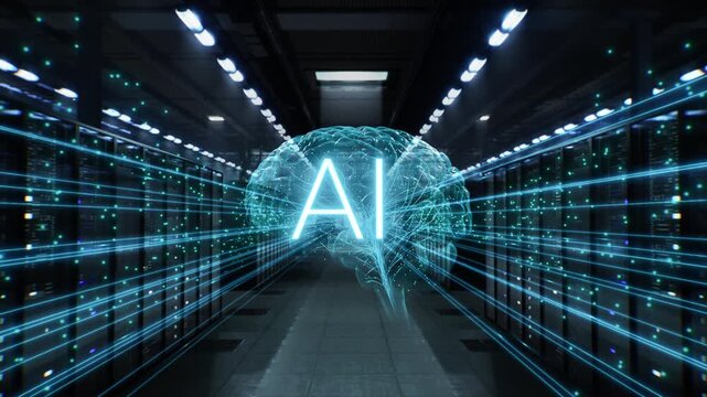 Data Center Server Aisles to a Luminous AI Brain, Where Fiber Data Lines and Neural Nodes Visualize Inference for Cloud Analytics, Automation, Cybersecurity and Smart Infrastructure.