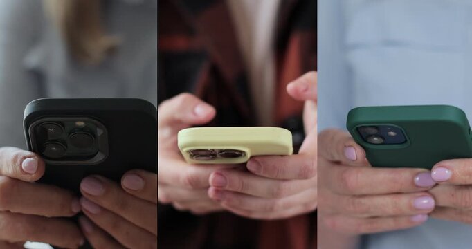 Multiscreen on people using smartphone in everyday life. People using the mobile phone. No-mobile-phone phobia. Multiscreen footage. Split screen variation.