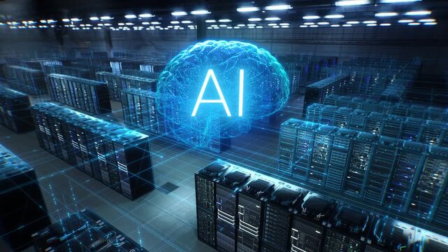 Holographic AI Brain Connects Data Center Server Racks and Grids, Powering Cloud Inference for Code Generation, Software Testing and Programming Automation, in a High-angle Cinematic Tracking Shot.