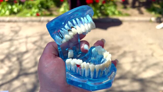 Dental jaw model showing caries implants and periodontitis